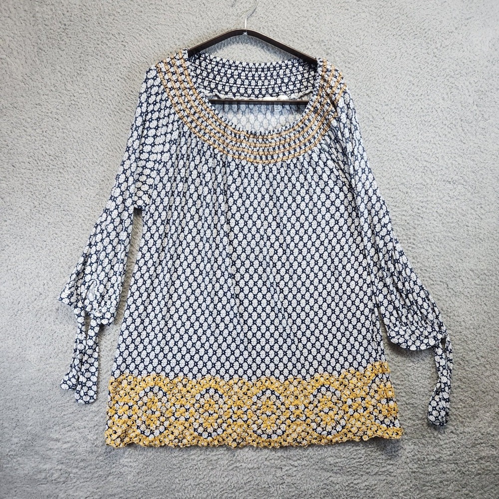 Fever Smocked Top Blouse Women's 1X Long Sleeve Casual Chic Boho Blue Yellow